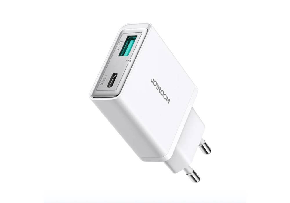 JOYROOM JR-TCF14 Fast Charger 20W Charging, 2 Port USB-A USB-C, Super Slim Charger - White