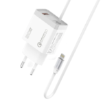 Promate iCharge-PDQC3 Fast Charging 20W Power Delivery Wall Charger with 1.5m Lightning Cable, Quick Charge 3.0 Port EU Outlet, White