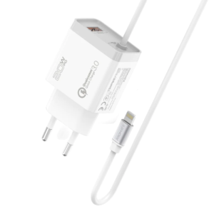 Promate iCharge-PDQC3 Fast Charging 20W Power Delivery Wall Charger with 1.5m Lightning Cable, Quick Charge 3.0 Port EU Outlet, White
