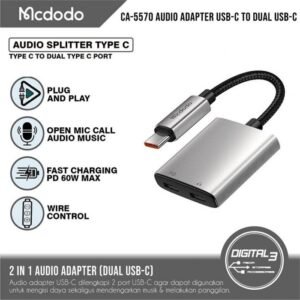 Mcdodo 2 in 1 USB-C to USB-C + DC 3.5mm Audio Converter Adapter, PD, 60W Rapid Charging, Music Playback, Instant Access, Type-C Earphone Converter Adapter, Charging, Aluminum Alloy Exterior, Headphone
