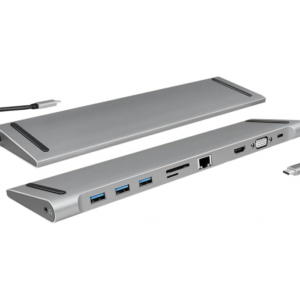 Dock Station Hub Stand USB 3.2 (Gen 1) Docking Station with 10 Ports and PD (Power Delivery) 100 W, 3 x USB / 1 x HDMI / 1 x VGA / 1 x CardReader / 1 x RJ45 / 1 x 3.5 mm/Black, Silver