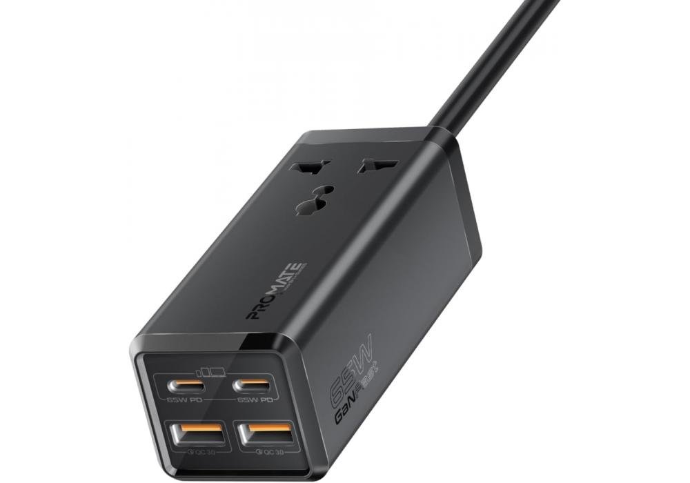 Promate Power Strip, 5-in-1 Multi-Port 65W GaNFast Power Extension with 2500W AC Socket, Dual USB-C Ports, Dual QC 3.0 Ports and 2m Cable for iPhone, MacBook, Appliances