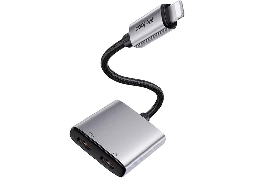 Mcdodo 2 in 1 i-Phone Earphone Converter Adapter (Lightning to Lightning Port x 2), 2.4A Rapid Charging, Music Playback, Calls, Audio Cable Control, Instant Access, Audio Conversion Adapter, Aluminum