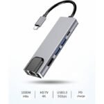 USB C Hub Multiport Adapter Splitter, 5in1, RJ45 100 Mbps, 4K HDTV, USB Hub with Ethernet Port, 5 in 1 RJ45 100 Mbps USB3.0 Aluminum