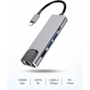 USB C Hub Multiport Adapter Splitter, 5in1, RJ45 100 Mbps, 4K HDTV, USB Hub with Ethernet Port, 5 in 1 RJ45 100 Mbps USB3.0 Aluminum