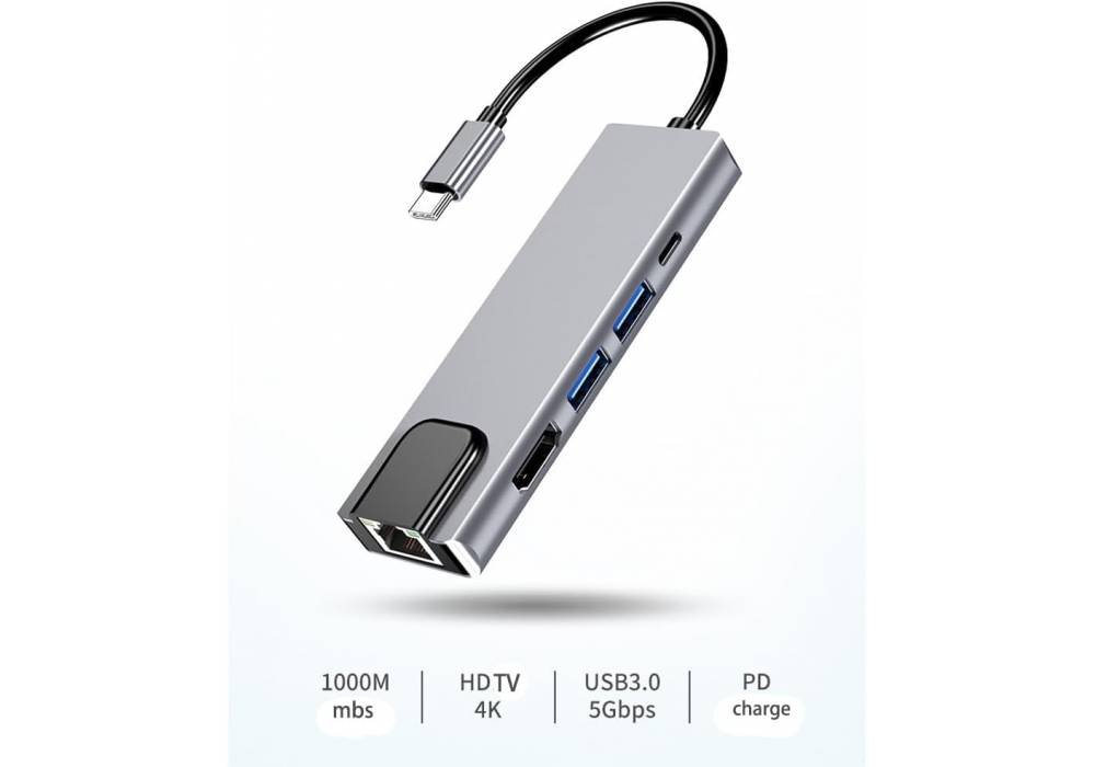 USB C Hub Multiport Adapter Splitter, 5in1, RJ45 100 Mbps, 4K HDTV, USB Hub with Ethernet Port, 5 in 1 RJ45 100 Mbps USB3.0 Aluminum