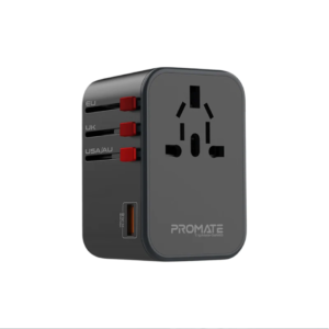 Promate TripMate-GaN65 Travel Charge Adapter with AC Socket 65W Dual USB-C Power Delivery Ports 30W QC 3.0 Port & 8A Surge Protect
