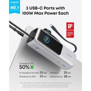 Anker Laptop Power Bank, 25,000mAh Portable Charger with Triple 165W USB-C Ports for Multi-Device Charging, Built-in and Retractable Cables (Silver) - 18 Month Warranty