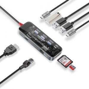 Promate USB-C™ Hub, 9in1 Premium Multi-Display Media Hub with Prime 4K@60Hz HDMI, 1000Mbps High-Speed LAN, SD/TF Card Slot, Dual USB-A 5Gbps Ports, 100W USB-C™ Power Delivery