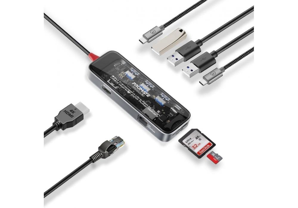 Promate USB-C™ Hub, 9in1 Premium Multi-Display Media Hub with Prime 4K@60Hz HDMI, 1000Mbps High-Speed LAN, SD/TF Card Slot, Dual USB-A 5Gbps Ports, 100W USB-C™ Power Delivery