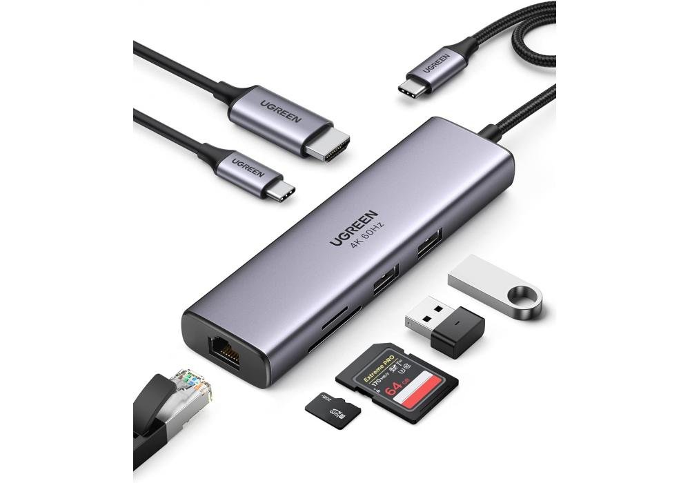 UGREEN Revodok 7 in 1 USB C Hub Gigabit Ethernet Adapter 4K@60Hz HDMI, 100W PD Charging, USB A Data Ports, SD/TF Card Reader Compatible with Mac iPhone 15 Pro/Pro Max, Steam Deck