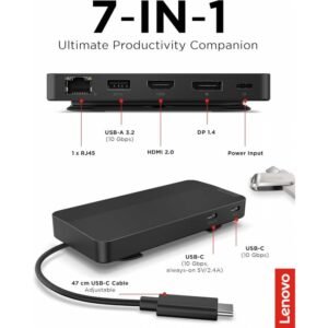 Lenovo USB-C Dual Display Travel Dock (40B90100UK) - 7-in-1 Portable Hub with Dual 4K/60Hz (HDMI 2.1 + DP 1.4), 65W PD (100W Max), 3x 10Gbps USB-A/C, Gigabit Ethernet, 66% PCR Chassis - Eclipse Black