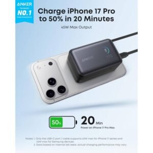 Anker Nano Portable Charger, 10,000mAh 45W Max Compact Power Bank, Travel Essential Phone Battery Pack with 2.3 ft InstaCord Retractable Cable for iPhone 17/16 Series, iPad, Galaxy, Pixel, and More - 18 Month Warranty