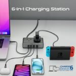 Promate Charging Station, 6-in-1 Multi-Port 65W GaNFast Power Extension with Dual 3250W AC Sockets, Dual 65W USB-C™ Power Delivery Ports, QC 3.0 Port, 2m Cable