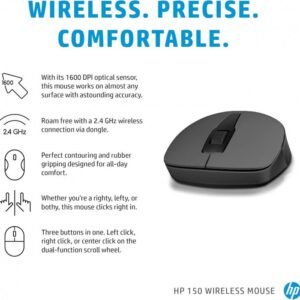 HP 150 Wireless Mouse, 3-Button with Dual Control Scroll Wheel 1600 DPI Optical Sensor with Ergonomic Design for All-Day Comfort for Lefty or Righty Use