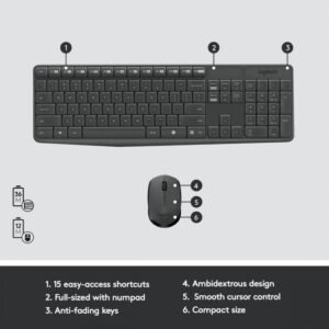 Logitech MK235 Arabic Version Wireless Keyboard and Mouse Combo/Kit for Windows, USB Receiver, 15 FN Keys, Long Battery Life, Compatible with PC, Laptop