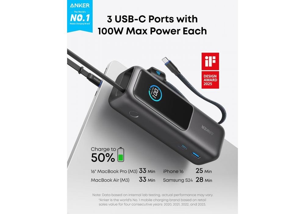 Anker Laptop Power Bank, 25,000mAh Portable Charger with Triple 165W USB-C Ports for Multi-Device Charging, Built-in and Retractable Cables - 18 Month Warranty