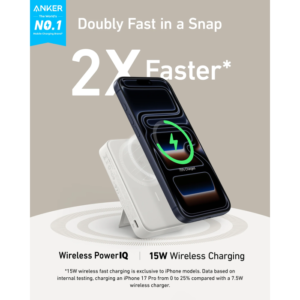 Anker MagGo Power Bank, Qi2 Certified 15W Ultra-Fast MagSafe-Compatible Portable Charger, 10,000mAh Battery Pack with Smart Display & Foldable Stand, For iPhone 16/15/14/13 Only (USB-C Cable Included) White - 18 Month Warranty