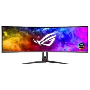 ASUS ROG Swift OLED PG49WCD 49" DQHD Curved Gaming Monitor (QD OLED), 144Hz, 0.03ms(GTG), DisplayHDR 400 Up To 1000 nits, 10bit, 1B Colors, G-SYNC® compatible, ROG Smart KVM, Type-C PD (90 W), Aura Sync, Ergonomic Stand