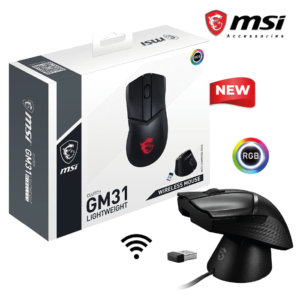 MSI Clutch GM31 Lightweight Wireless Ergonomic Gaming Mouse & Charging Dock, 12K DPI Optical Sensor, 60M Omron Switches, Fast-Charging 110Hr Battery, RGB Mystic Light, 5 Programmable Buttons