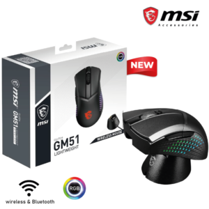 MSI Clutch GM51 Lightweight Wireless Gaming Mouse & Charging Dock, 26K DPI Optical Sensor, 2.4G & Bluetooth, 60M Omron Switches, Fast-Charging 5 Programmable Buttons