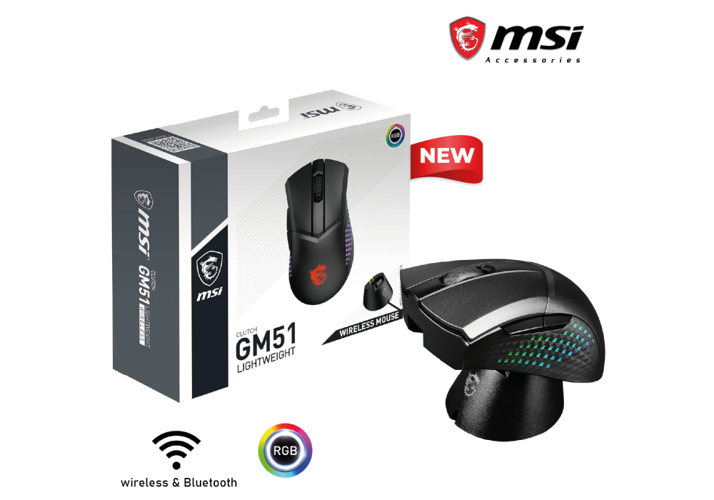 MSI Clutch GM51 Lightweight Wireless Gaming Mouse & Charging Dock, 26K DPI Optical Sensor, 2.4G & Bluetooth, 60M Omron Switches, Fast-Charging 5 Programmable Buttons
