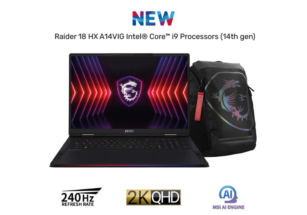New Laptop MSI Raider 18 HX A14VIG Intel Core i9-14900HX 14Gen 24 Core RTX 4090 16GB, 32 GB DDR5 , 2TB SSD, 18" QHD+ (2560x1600), 240Hz IPS SteelSeries KB w/ TITAN Gaming Backpack WARRANTY 2 YEARS