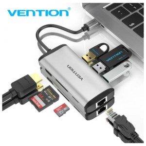 Vention 8-in-1 USB-C Docking Station Hub 8in1 4K Ultra HD Display, Ethernet, Supports SD/TF Cards, 100W PD Charging While in Use, USB x3 Port Expansion - Aluminum Alloy Shell