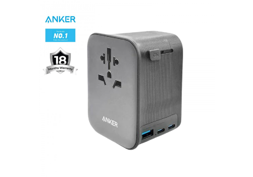 Anker Nano Travel Adapter 4-in-1, 65W USB-C Power Output Big Expansion – 1 AC outlet & 3 USB ports for charging up to 4 devices – Black / 18 Months Warranty