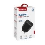 Promate BiPlug-2 USB-C Adapter Universal 17W Multi-Port Wall Charger with 5V/3A Type-C Port & 5V/2.4A USB-A Port EU Outlet - Black