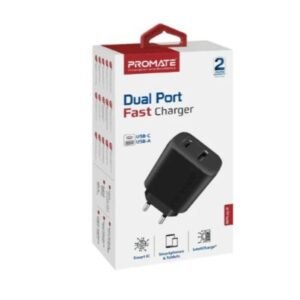 Promate BiPlug-2 USB-C Adapter Universal 17W Multi-Port Wall Charger with 5V/3A Type-C Port & 5V/2.4A USB-A Port EU Outlet - Black