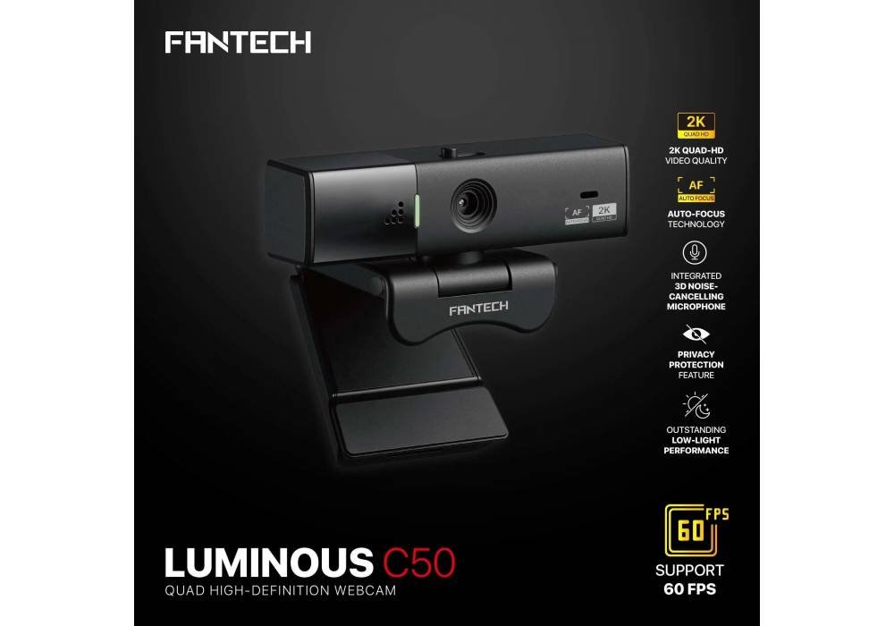 FANTECH C50 LUMINOUS 2K QHD 60FPS Webcam with 5MP Auto Focus, Pan/Tilt Controls, Privacy Shutter, and 3D Noise-Cancelling Mic