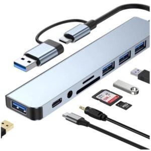 HAING HI-0802-UTA 8-in-1 USB 1 x USB 3.0 port, 3 x USB 2.0 ports, 1 x USB C 2.0 port, SD/TF Carder Reader and 1 x 3.5mm Audio Jack. USB 3.0, 5Gb/s transfer speed , USB and USB-C 2.0 & Type-C To Multi-Function Adapter