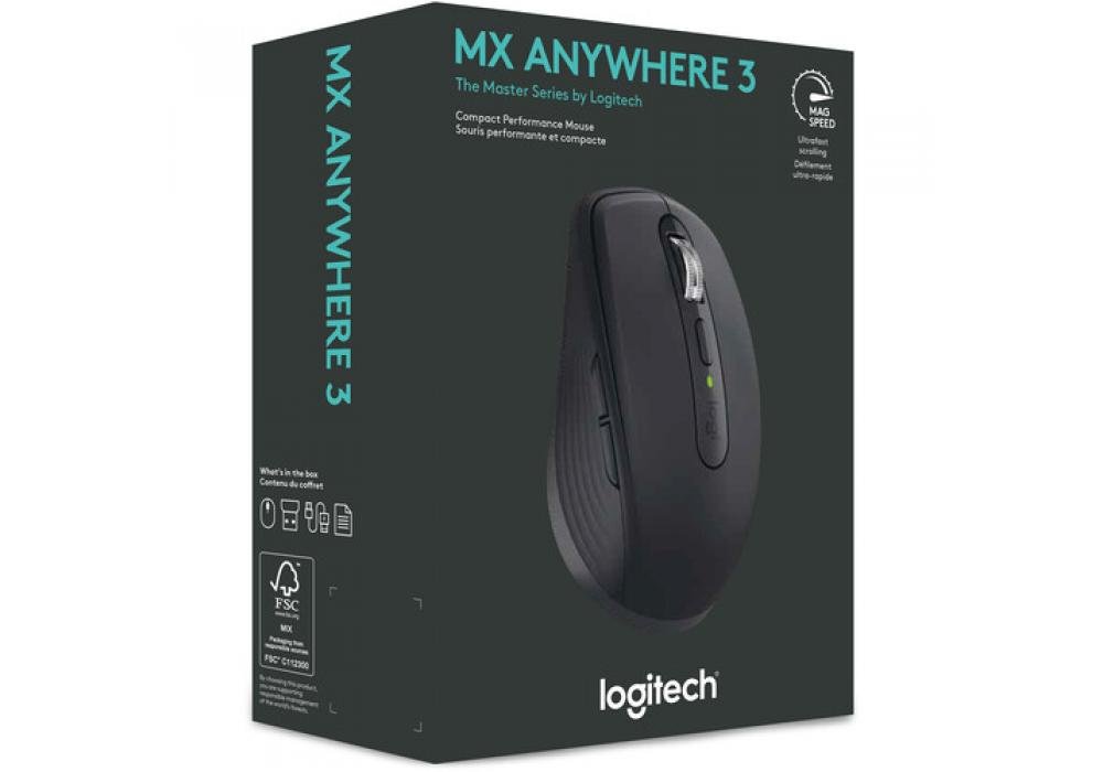 Logitech MX Anywhere 3s Compact Performance Re-chargeable Mouse, Wireless, Fast Scroll, Any Surface, Portable, 4000DPI, Customizable Buttons, USB-C Bluetooth - Graphite