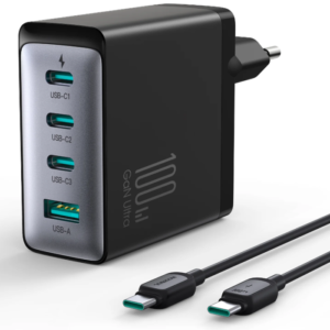 Joyroom JR-TCG04EU GaN charger with power up to 100W with 3 USB-C and 1 USB-A ports + USB-C / USB-C 100W cable - black · Gives off less heat while charging  - 18 Months Warranty