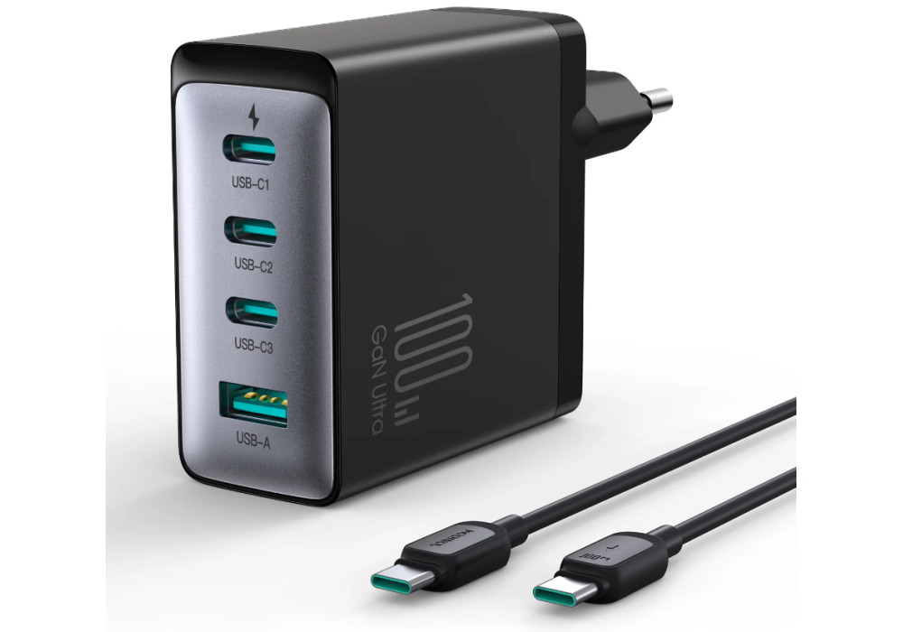 Joyroom JR-TCG04EU GaN charger with power up to 100W with 3 USB-C and 1 USB-A ports + USB-C / USB-C 100W cable - black · Gives off less heat while charging - 18 Months Warranty