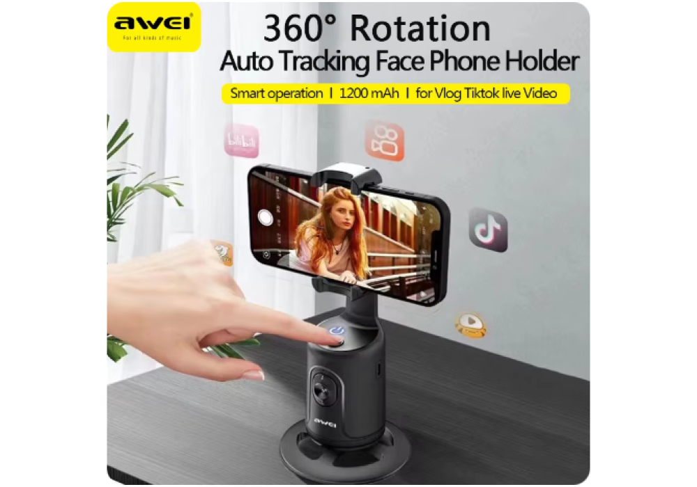 Awei 360° Auto Tracking Face Phone Holder Smart Selfie Stick Shooting Gimbal Stabilizer For Vlog Tiktok Live Video Photography