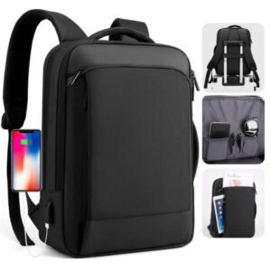 New Backpack Laptop Simple Business Travel Oxford Cloth Waterproof Expandable Size Multi-Section & USB Power Charger Extension Up to 17" Laptop Size - Black