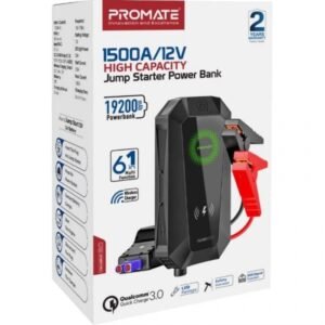 Promate HexaBolt-20 Jump Starter with 19200mAh Power Bank, Safety Hammer, LED Light, Smart Clamps and 10W Qi Wireless Charger