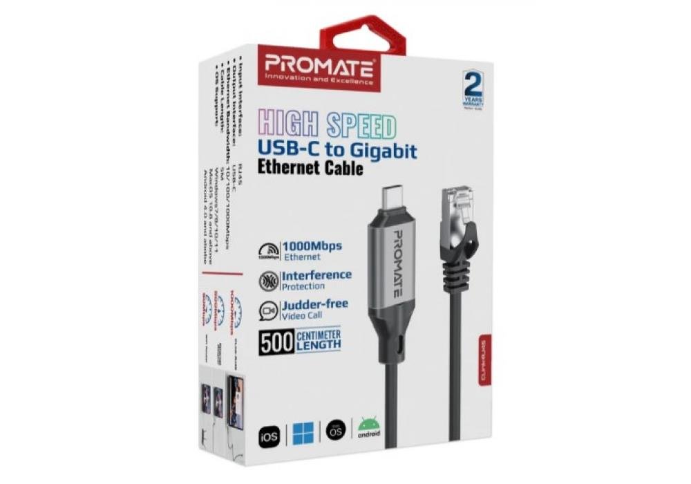 Promate High-Speed USB-C to Gigabit Ethernet Cable 5M 1000Mbps RJ45 Ethernet Router, Modem, or Network Switch