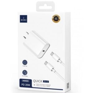 WIWU Wall Charger with 20W PD Single Port USB Wall Plug Black White Charging + USB C to USB C Cable