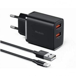 Mcdodo CH-5071 USB-A X 2 Port 12W Fast Wall Charger + USB-A to Lightning Cable - (black) - 18 Months Warranty