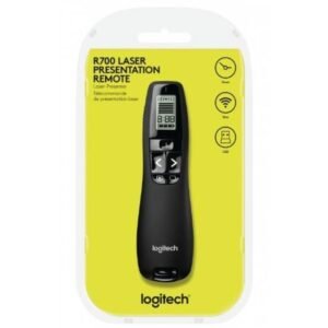 Logitech R700 Wireless Presentation Remote, 2.4 GHz with Nano USB-Receiver, Red Laser Pointer, Slideshow Buttons, 30-Meter Operating Range, LCD-Display for Time Tracking, 6 Buttons, for PC - Black