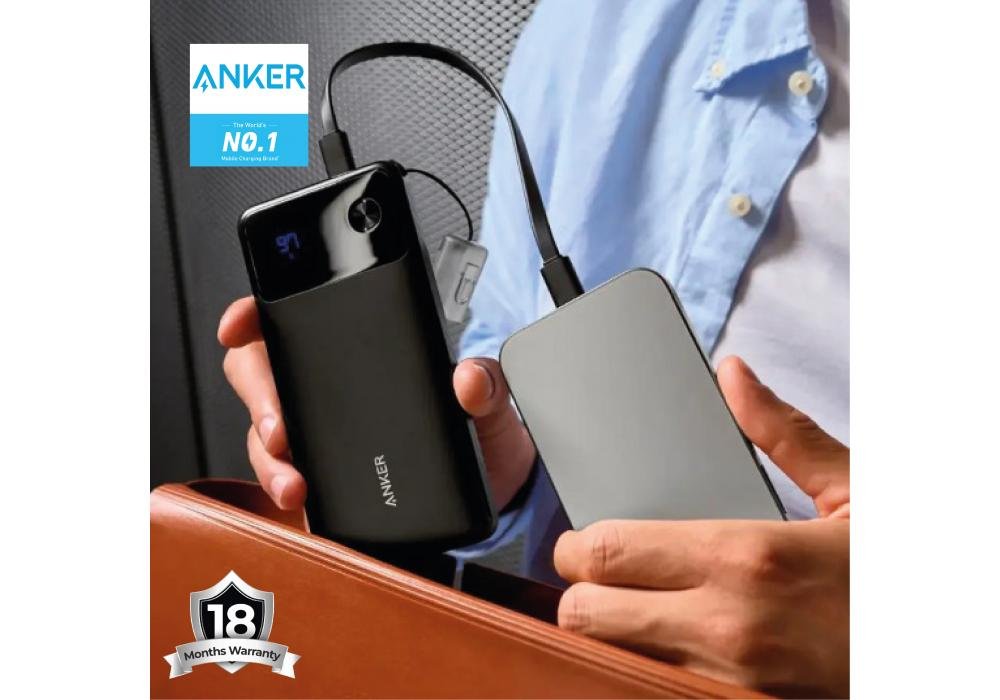 Anker Power Bank Power-core 10000mAh 22.5W Portable Charger with USB C Lanyard Cable A1388 (Black) - 18 Month Warranty