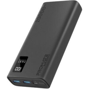 Promate Bolt-20Pro 20000Mah Slim Power Bank with Dual USB Ports, Safe Adaptive Charging, 10W Type-C Smart & LED Display for Smartphones Over Charge Protection