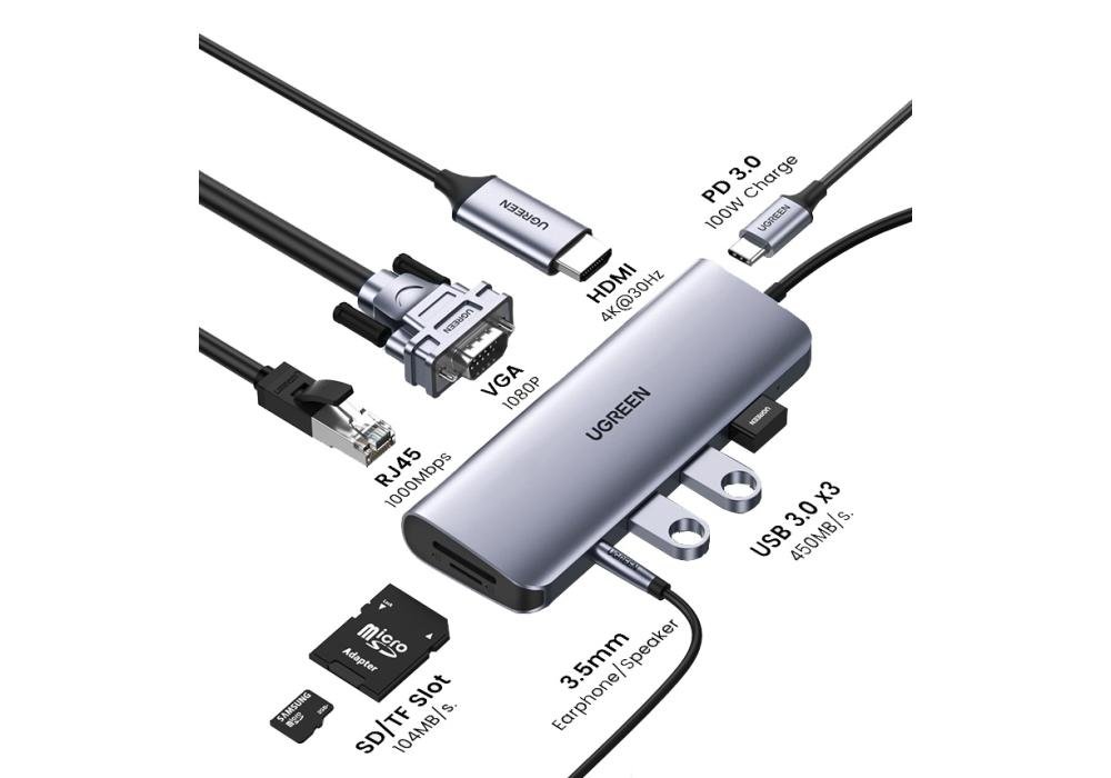 UGREEN USB C Hub, 10-in-1 USB-C Docking Station, 4K HDMI& VGA Dual Monitor, 1Gbps Ethernet, 100W PD, 3 3.0 Ports, 3.5mm Audio Jack, SD/TF Card Reader Multiport Adapter for MacBook iPad Dell HP