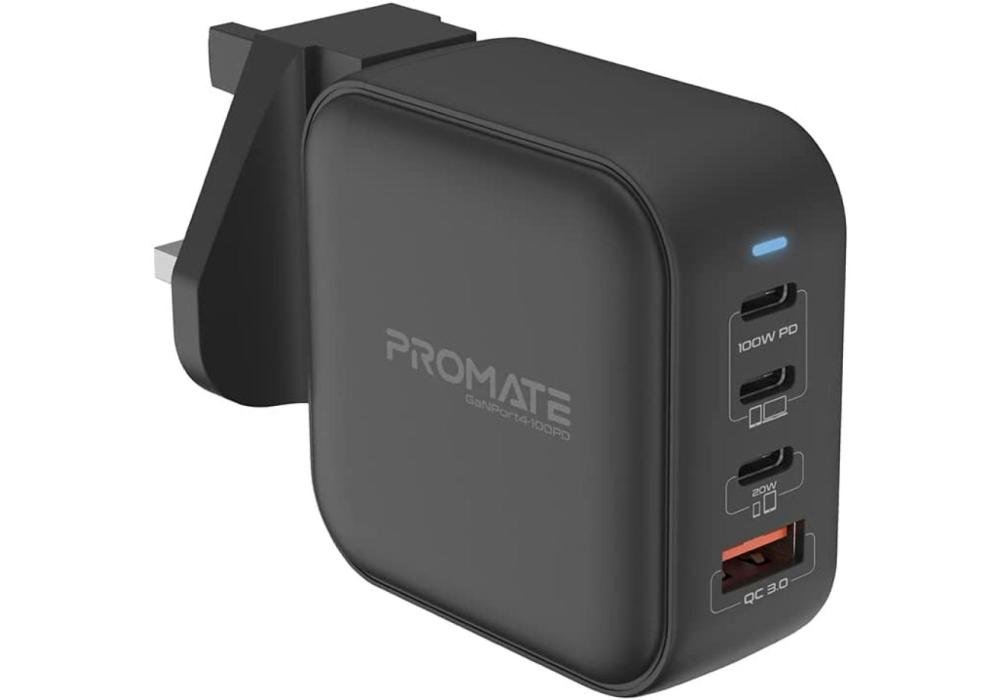 Promate GaNPort4-100PD USB-C Charger 100W Laptop, Smartphone charger, Power Delivery GaNFast™ Charger with Quick Charge 3.0