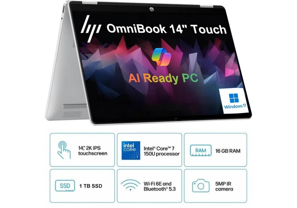 HP OmniBook 5 Flip 14 inch Laptop PC 14-fp0047ne, Intel® Core™ 7 150U 5.4 GHz, 16 GB LPDDR5-5200, 1 TB M.2 SSD, 14-inch diagonal, 2K (1920 x 1200) IPS Touch w/ Pen - Windows 11 Home - 3 Year Warranty