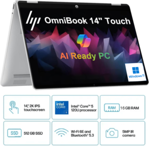 HP OmniBook 5 Flip 14 inch Laptop PC 14-fp0045ne, Intel® Core™ 5 120U 5.0 GHz, 16 GB LPDDR5-5200, 512 GB PCIe®, 14-inch diagonal, 2K (1920 x 1200) IPS Touch w/ Pen - Windows 11 Home - 3 Year Warranty