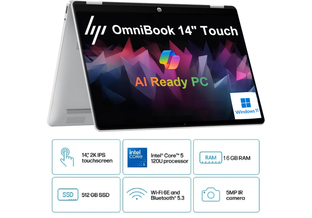 HP OmniBook 5 Flip 14 inch Laptop PC 14-fp0045ne, Intel® Core™ 5 120U 5.0 GHz, 16 GB LPDDR5-5200, 512 GB PCIe®, 14-inch diagonal, 2K (1920 x 1200) IPS Touch w/ Pen - Windows 11 Home - 3 Year Warranty